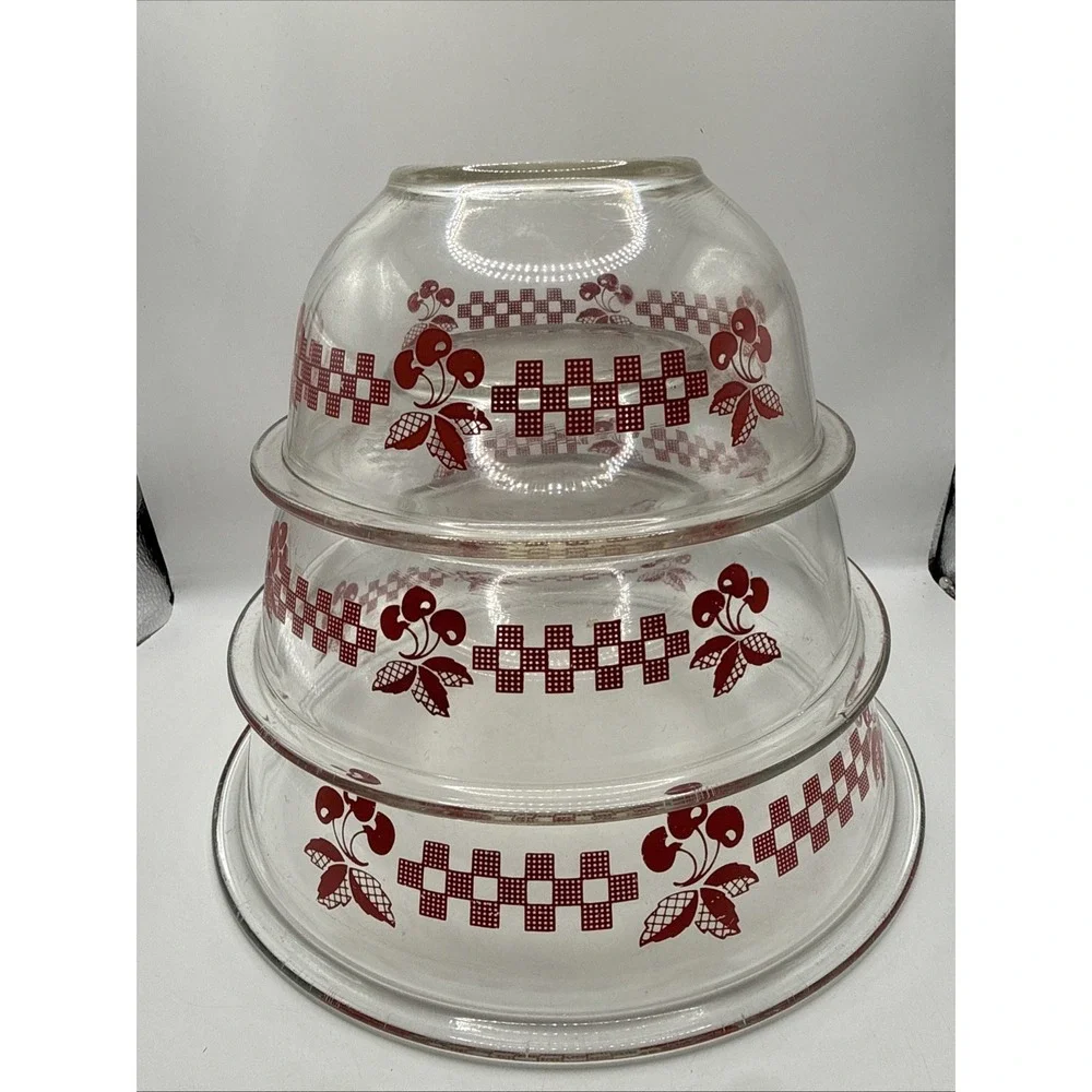 PYREX Red Checkered Cherry Glass Mixing Bowl Set 3pc Nesting Set 322 323 325 EUC
